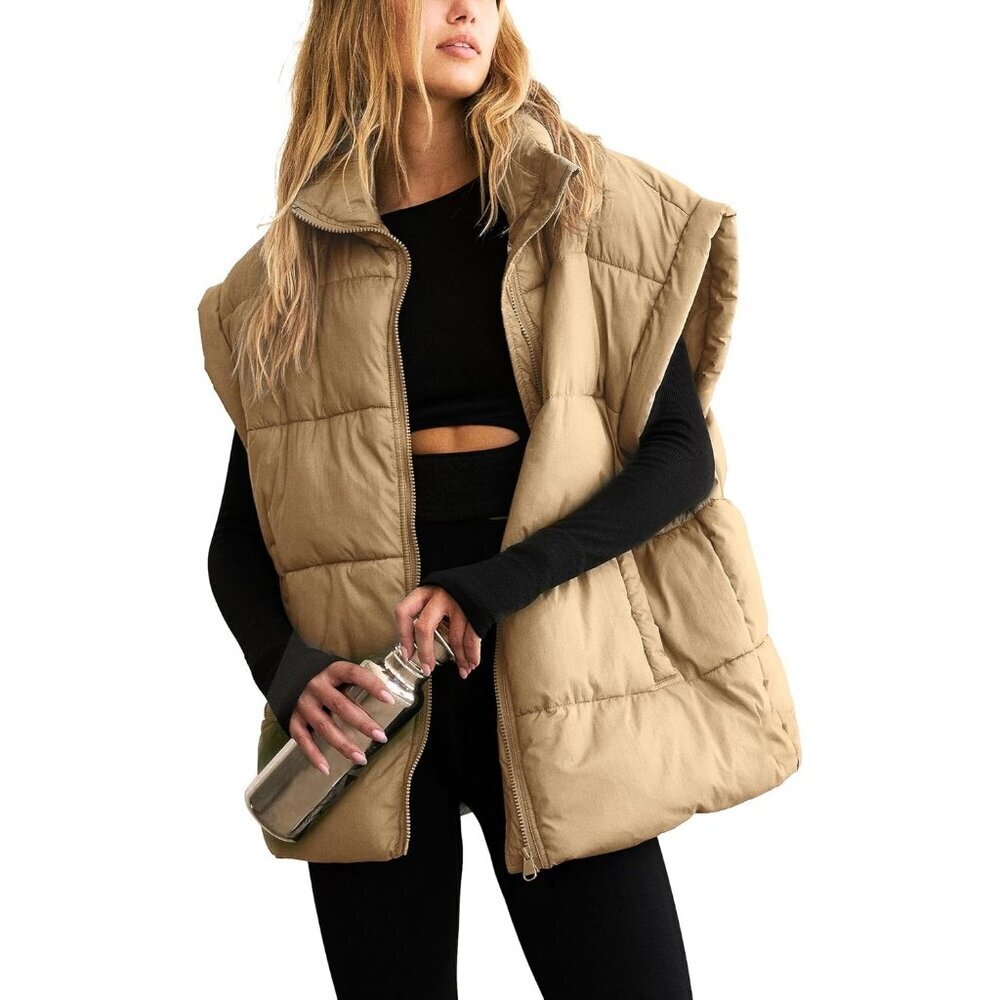Women's Khaki Winter Puffer Vest Quilted Lightweight Stand Collar Sleeveless